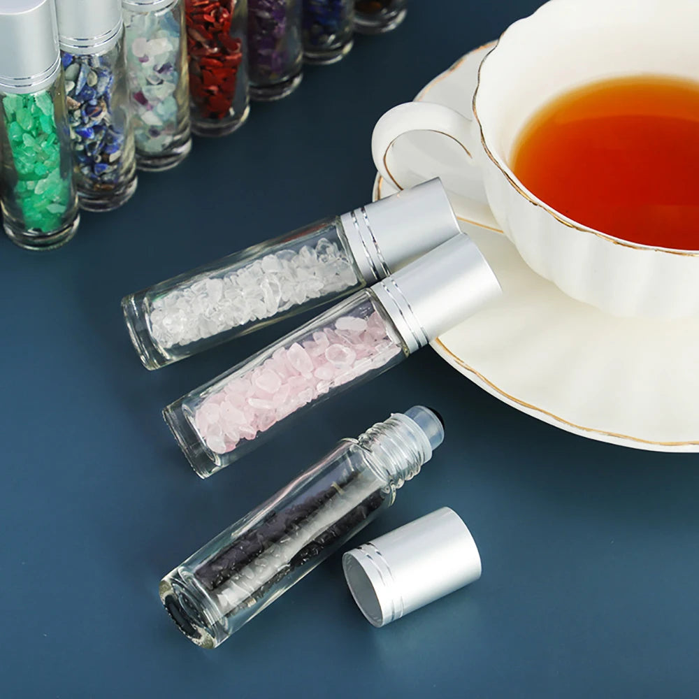 10pcs Glass Essential Oil Roller Bottles with Natural Gemstone Chips Refillable Roll-On Healing Crystal Bottles for Aromatherapy