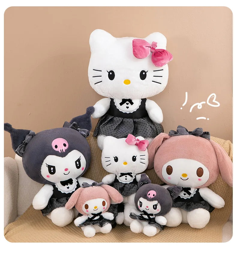 Kawaii Kuromi My Melody Plush Toy with Black Bow Skirt Cute Hello Kitty Stuffed Doll for Kids Birthday Xmas Gift Large Size Toy
