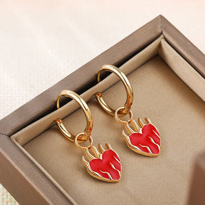 Hot Red Heart Pendant Charm Hoop Earrings