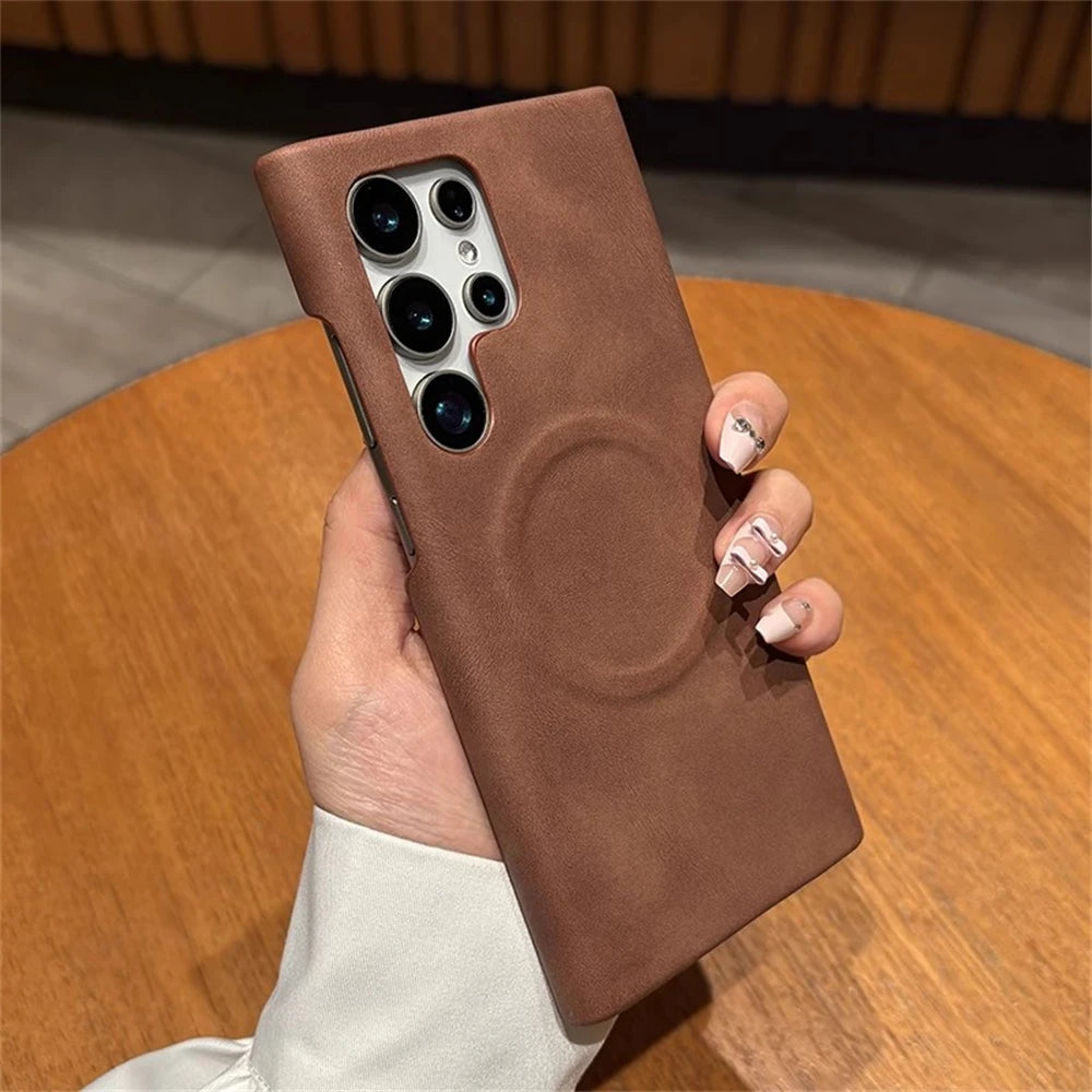 Luxury Leather Magnetic For MagSafe Wireless Charging Phone Case For Samsung S23 S24 S25 Ultra Lambskin Solid Color Hard Cover