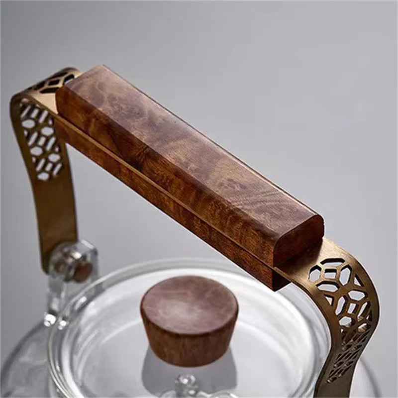 Japanese Heat Resistant Glass Tea Pot with Infuser Copper Wood Handle 1150ml High Borosilicate Tea Kettle