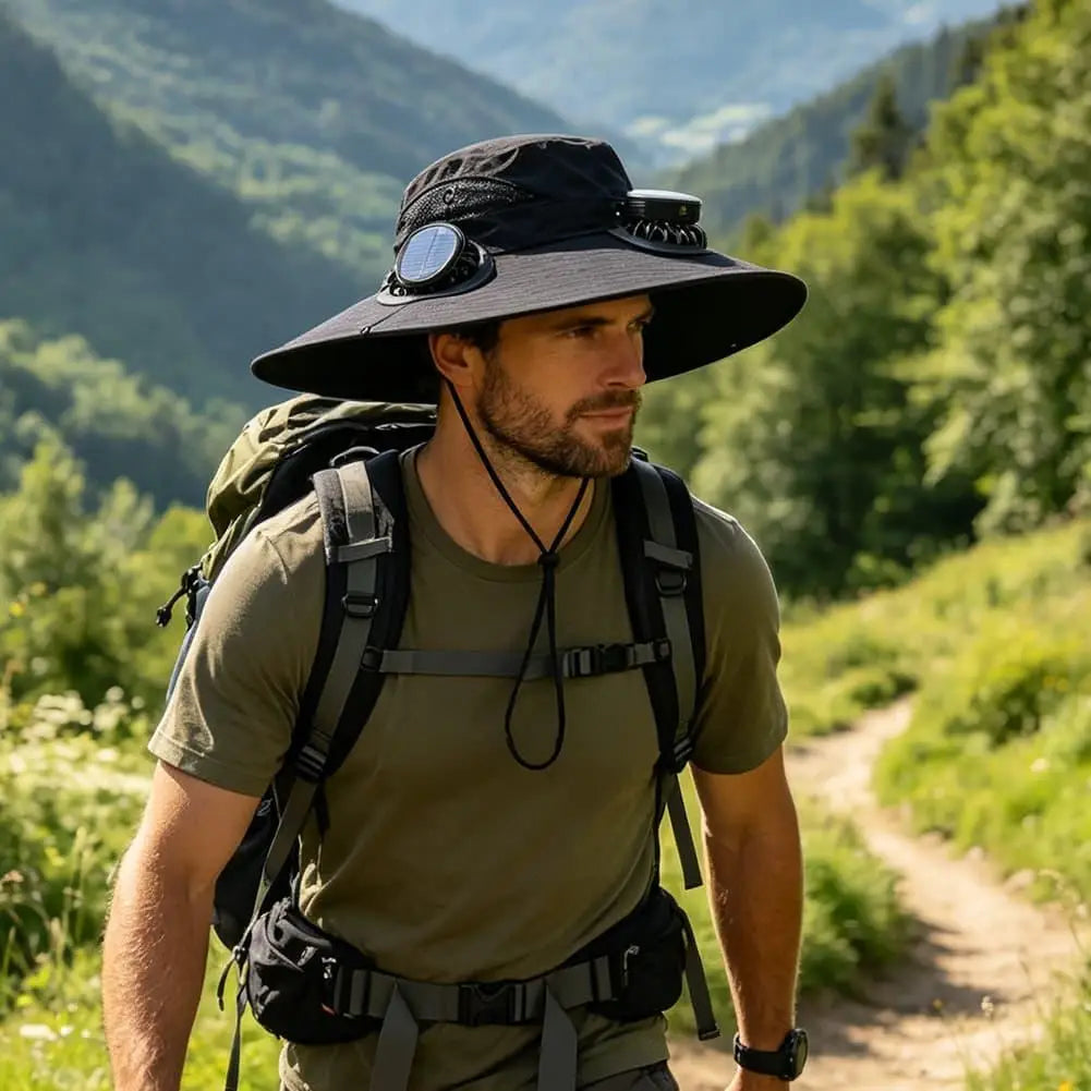 Wide Brim Sun Hat With Dual Fans Solar And USB Charging