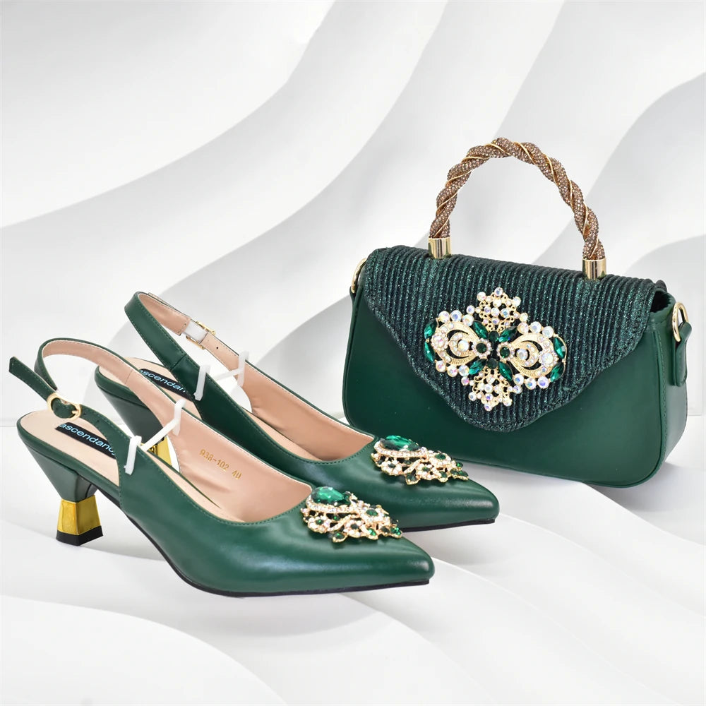 Latest Party Shoes and Bags To Match for Nigerian Luxury Pointed Toe Shoes with Rhinestones Party Ladies Shoes and Bag Set
