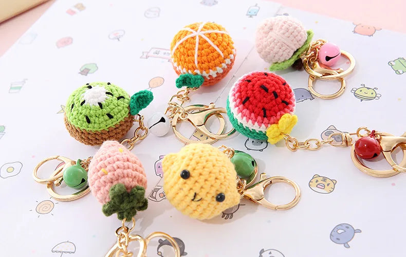 5 Pcs Handmade Weaving Keychain Wool Crochet Unique Knitted Pendant Keyring Strawberry Watermelon Orange Pendant Key Chain Gifts