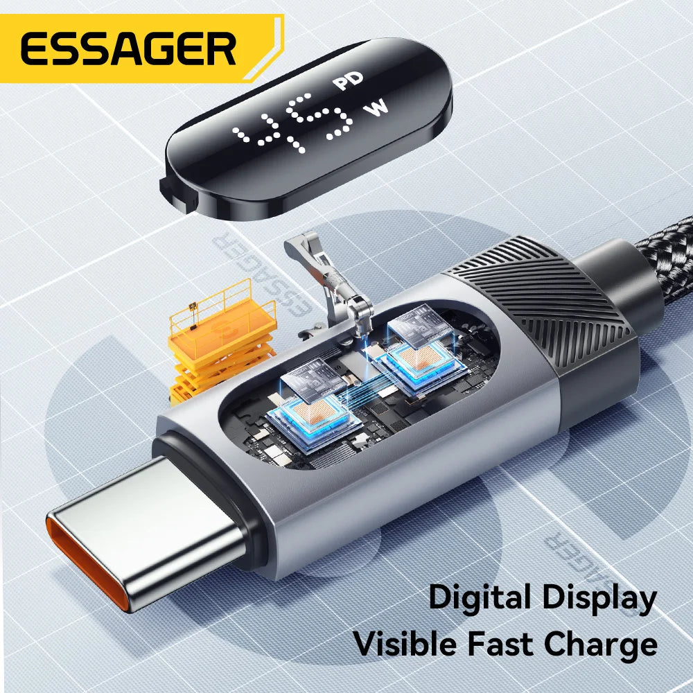 108W Car Charger PD Fast Charging 2 USB C + USB A with Digital Display Spring Cable