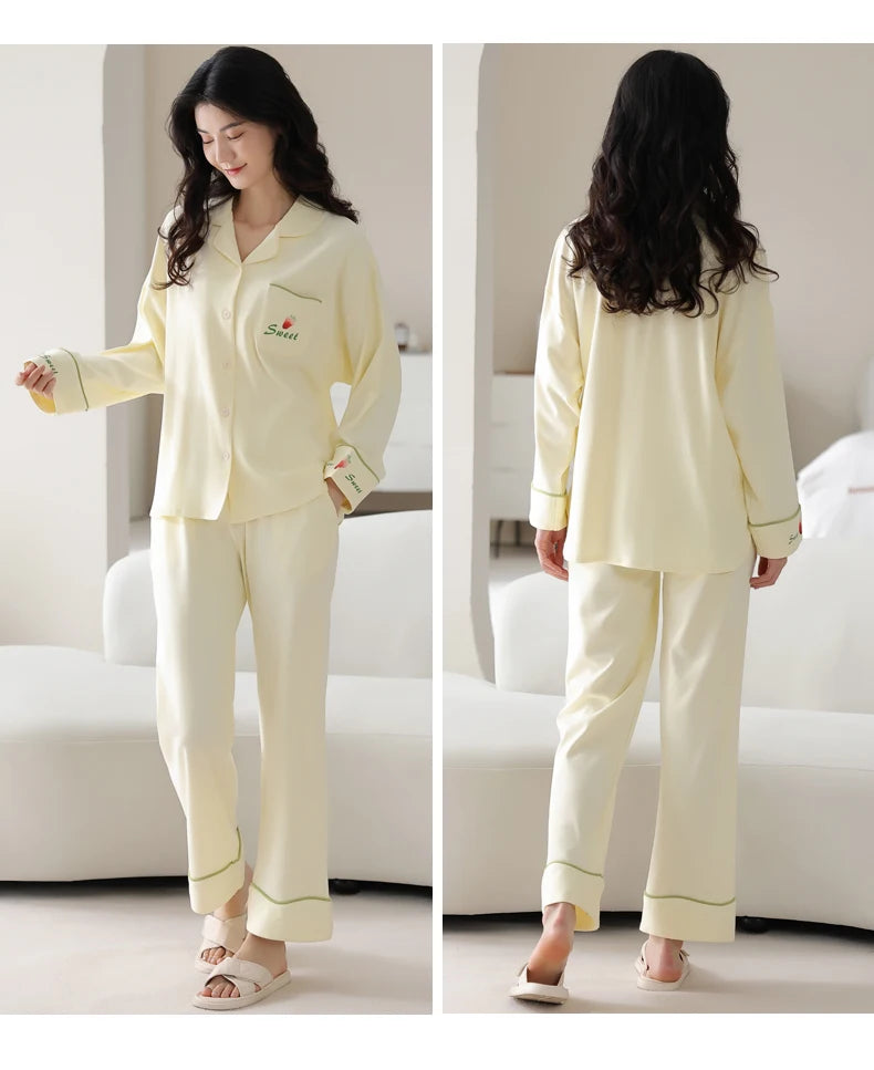 Women’s Winter 100% Cotton Pajama Set – Loose Fit, Turn-Down Collar, Long Sleeves, Cute Pink