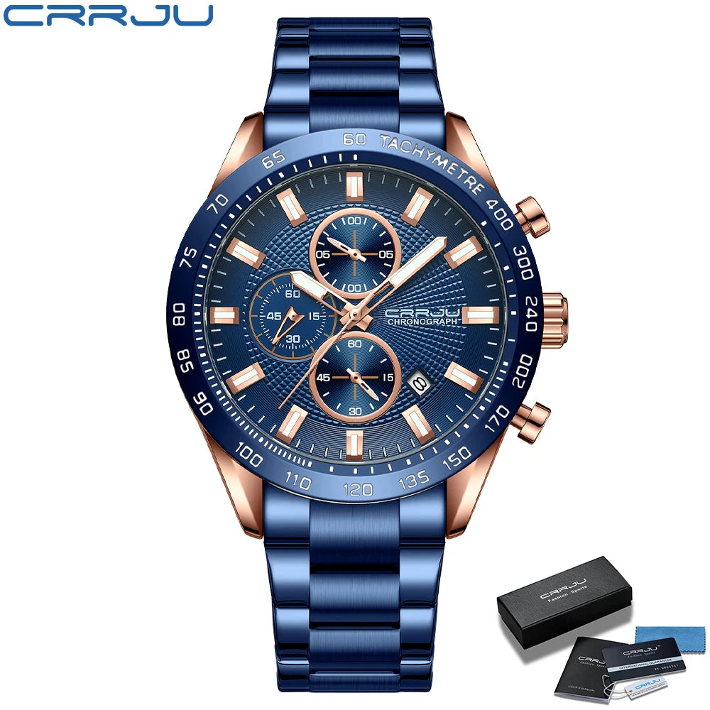 Men Watch Fashion Sports Chronograph Wristwatches Stainless Steel Strap with Auto Date