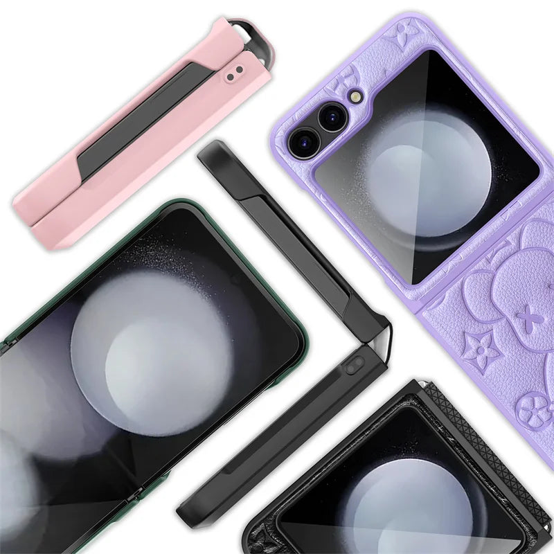 Cute Bear Folding Screen Phone Case For Samsung Z Flip 3 4 5 Folding Hinge Center Axis Case Film Integrated Phone Case