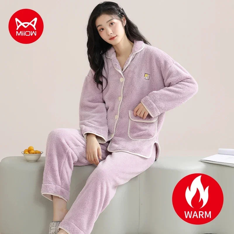 Women’s Christmas Fleece Pajama Set – Warm Flannel Zipper Sleepwear, Thick Coral Velvet