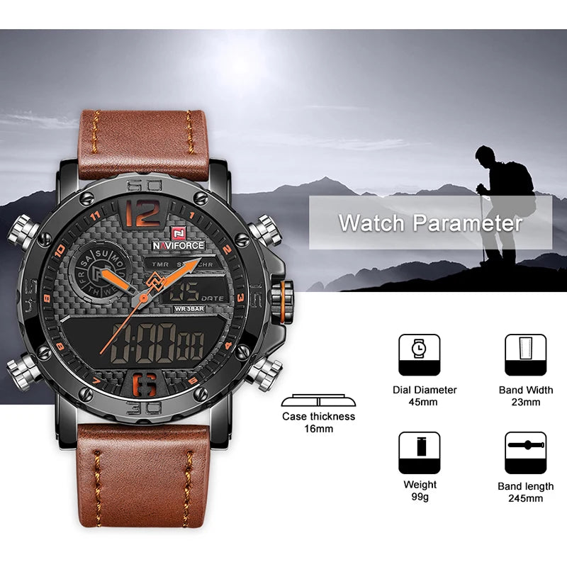 Leather Sports Watches Men's Quartz LED Digital Clock Waterproof Military Wrist Watch