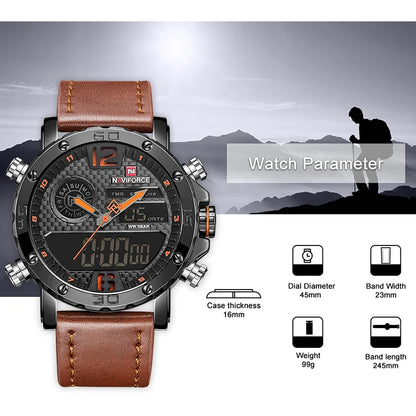 Leather Sports Watches Men's Quartz LED Digital Clock Waterproof Military Wrist Watch