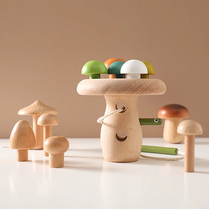 Wooden Baby Montessori Thread Toy Cartoon Mushroom Simulation Toys Natural Building Blocks Place Toys Room Decoration Baby Gifts