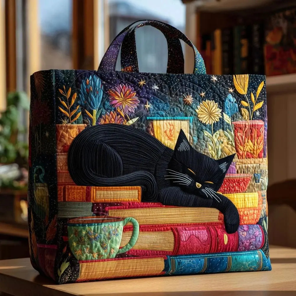 Cat Print Quilted Canvas Tote Bag Large Capacity Floral Shoulder Handbag
