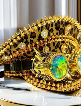 Leopard Print Steampunk Captain Hat Punk Goggles Gold Music Festival Masquerade Military Cap Costume Cosplay Accessor Unisex