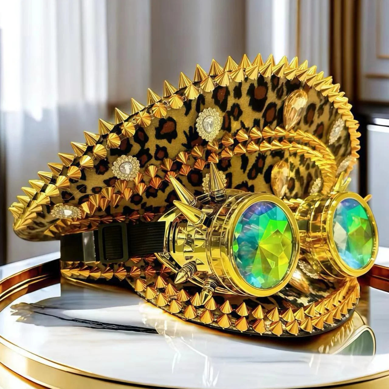 Leopard Print Steampunk Captain Hat Punk Goggles Gold Music Festival Masquerade Military Cap Costume Cosplay Accessor Unisex