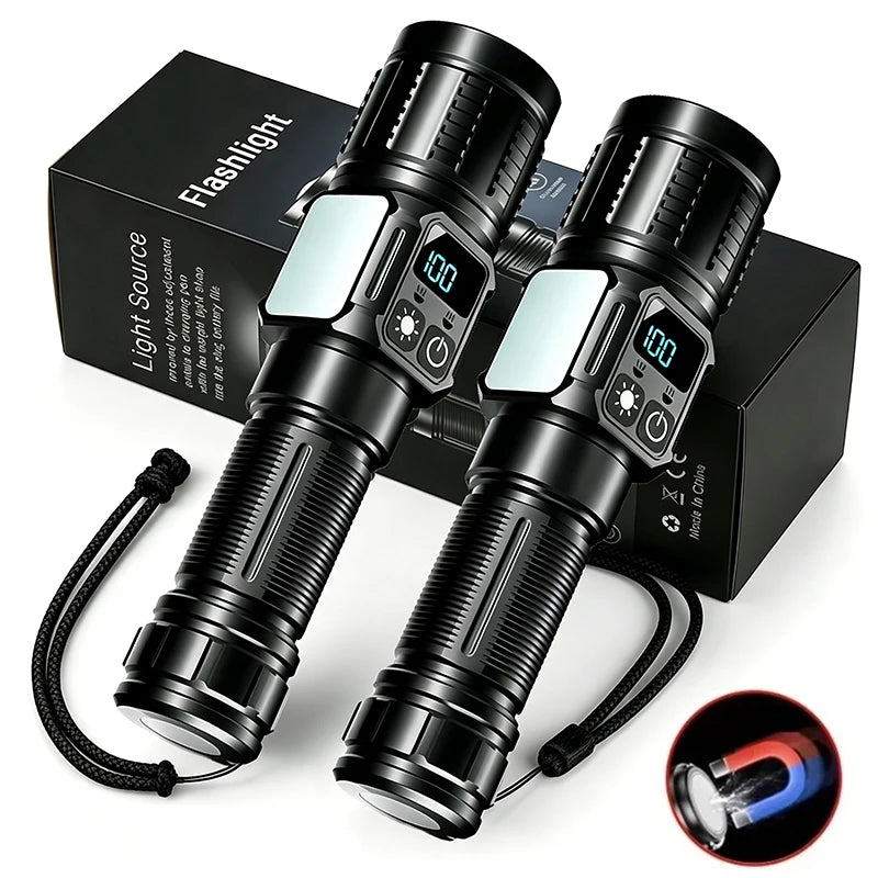 Rechargeable LED Flashlight With Magnetic Base Zoom And Power Display