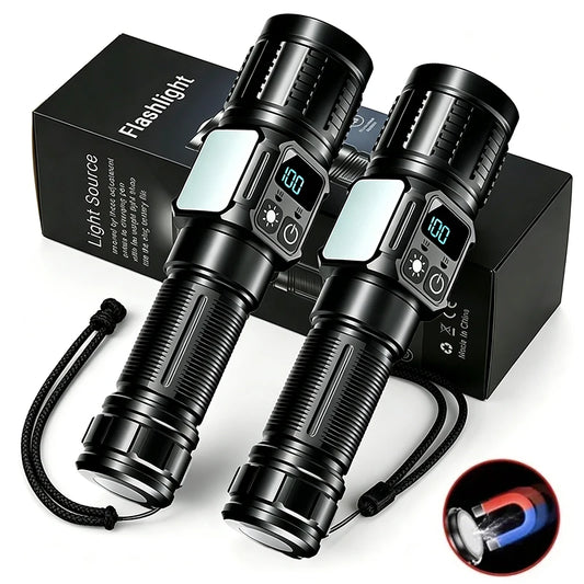 Rechargeable LED Flashlight With Magnetic Base Zoom And Power Display