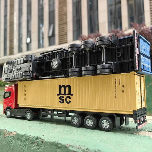 1:50 American Trailer Transport Vehicle Diecast Alloy Front End Container Truck Models Toys Sound Light Cars for Boys Xmas Gifts