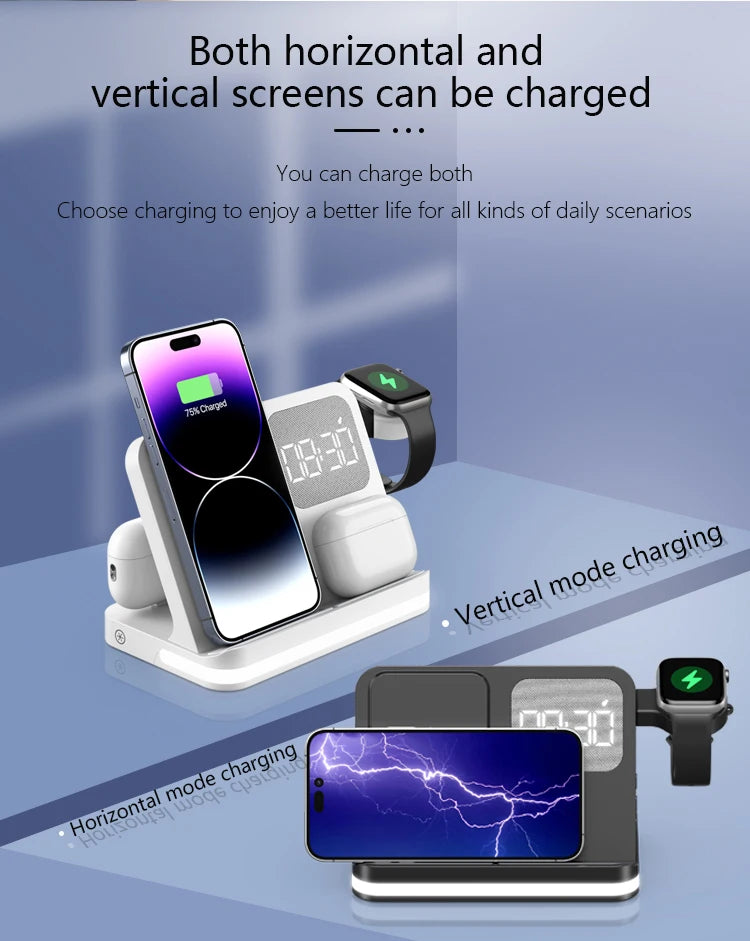 Clock, desktop, mobile phone, headphones, watch, wireless charger, both entertainment and charging not wrong