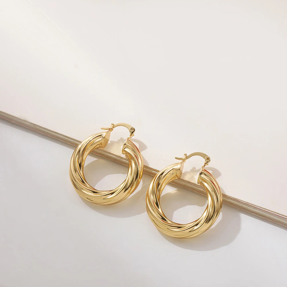 Trendy Geometric Twisted Thick Hoop Earrings Fashion Gold Color Big Round Circle Earrings