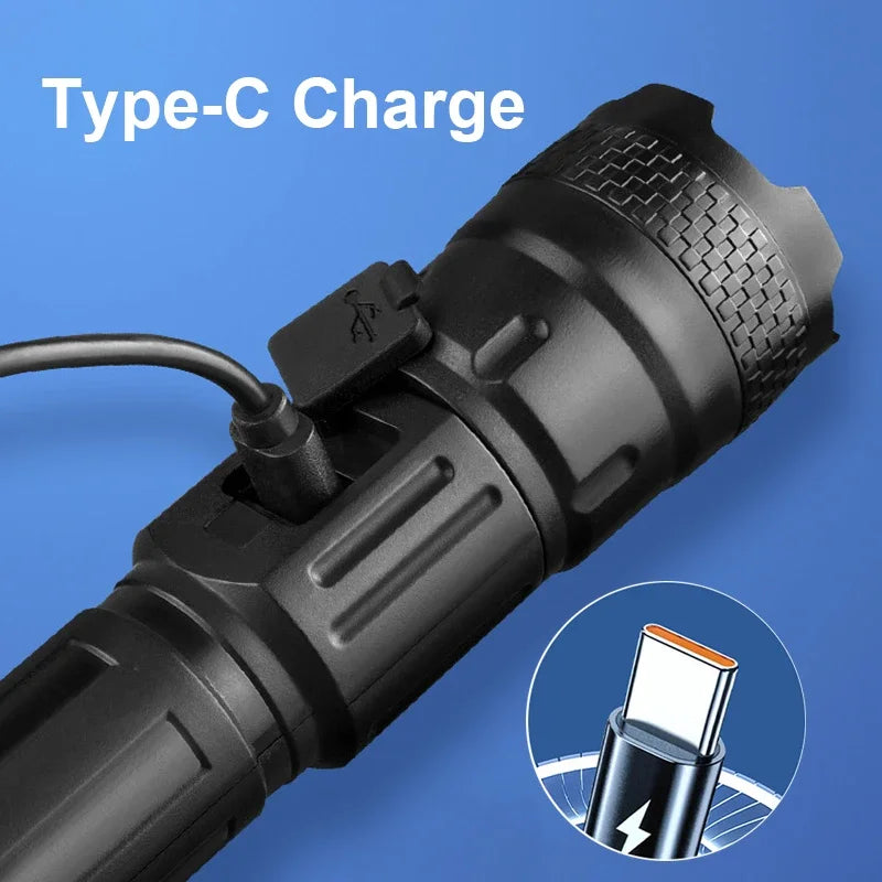 High Power LED Flashlight Rechargeable USB Zoom Torch with Power Display Emergency Camping Light
