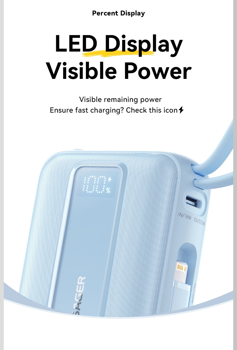 20000mAh Mini Power Bank 22.5W PD Fast Charging Portable Charger with Built-in Cables & Digital Display