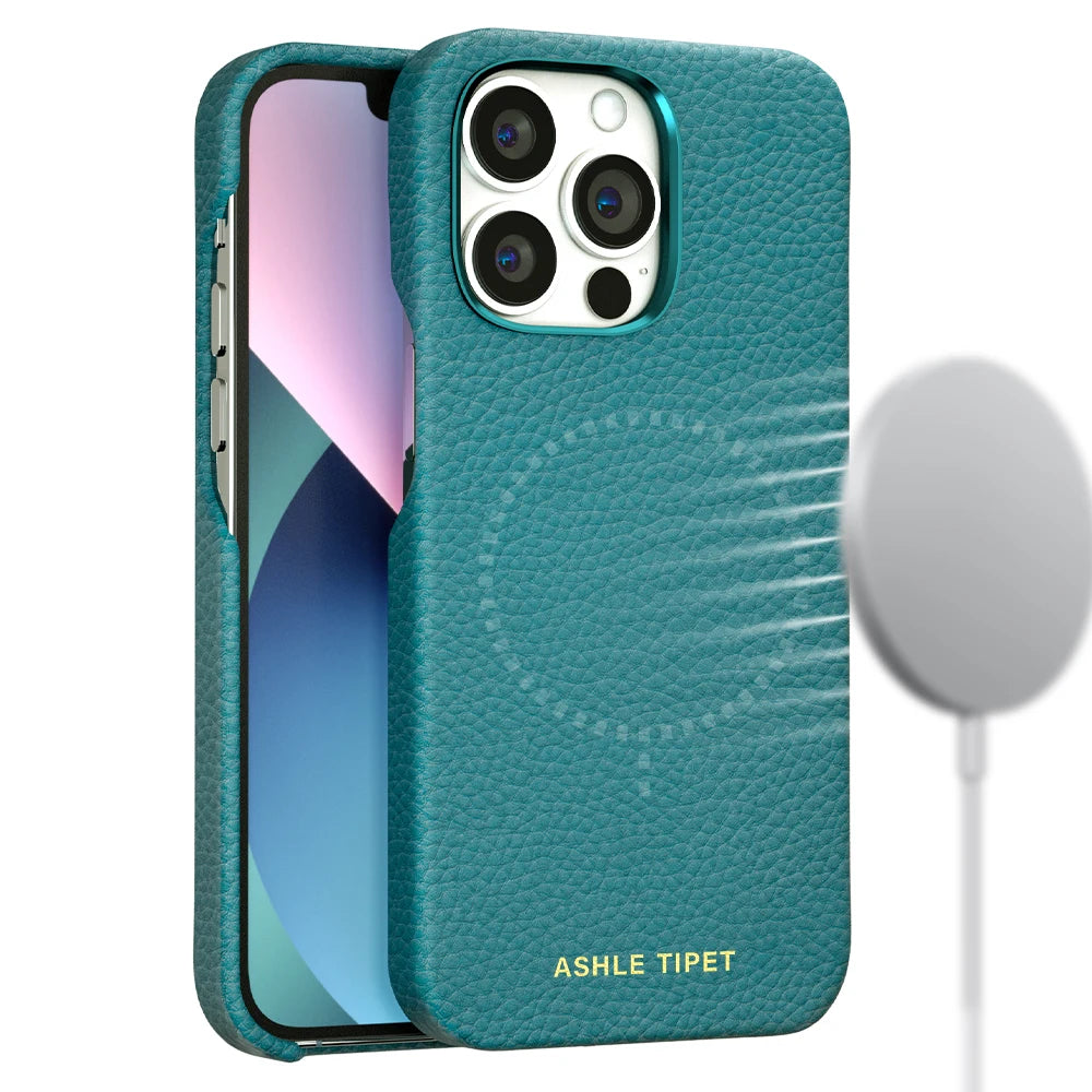 for Magsafe Case for iPhone 13 Pro Max 13 Mini 13Pro Natural Cowhide Lychee Leather Magnetic Luxury Metal Frame Phone Back Cover