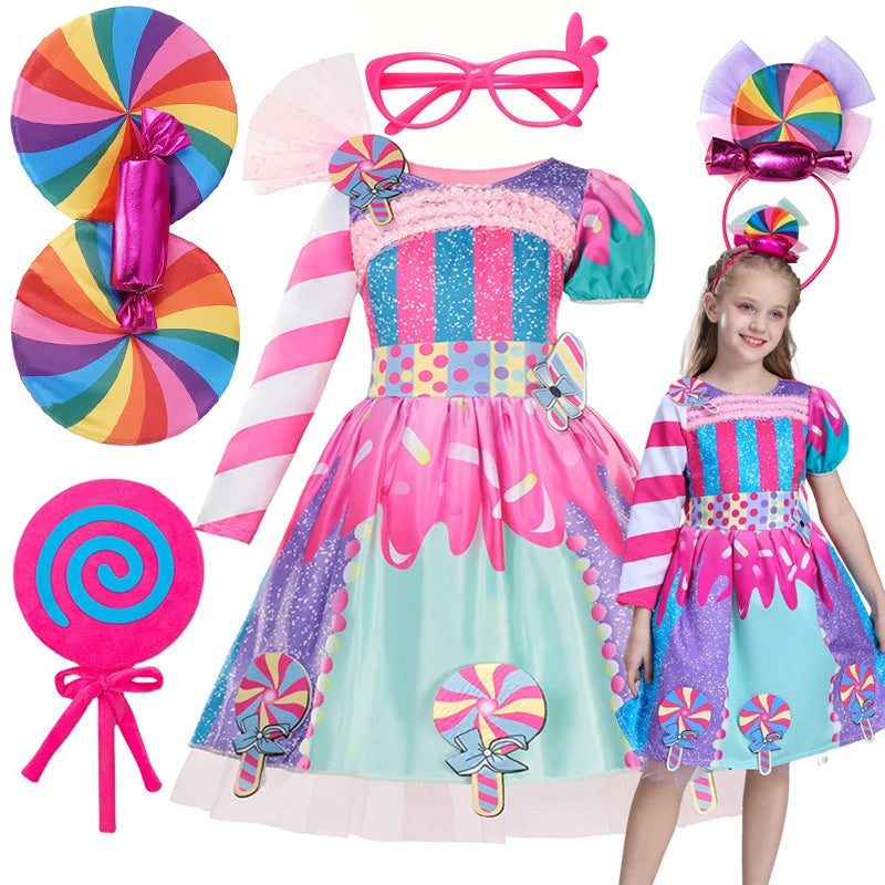 Girls Purim Festival Lollipop Costume Children Puff Sleeve Candy Costume Kids Sweet Lollipop Print Birthday Party Dresses