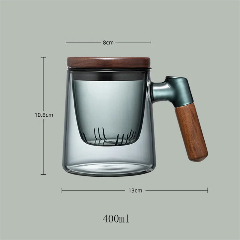400ml Walnut Wooden Handle Lid Filter Glass Tea Cup Tea Water Separation Scented Tea Cup Office Flower Tea Separation Tea Mug