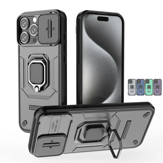 For iPhone 16 Pro Max Case Lens Protection Sliding window Cover For iPhone 16 Pro Max Cover Armor Shockproof Silicone Ring Stand