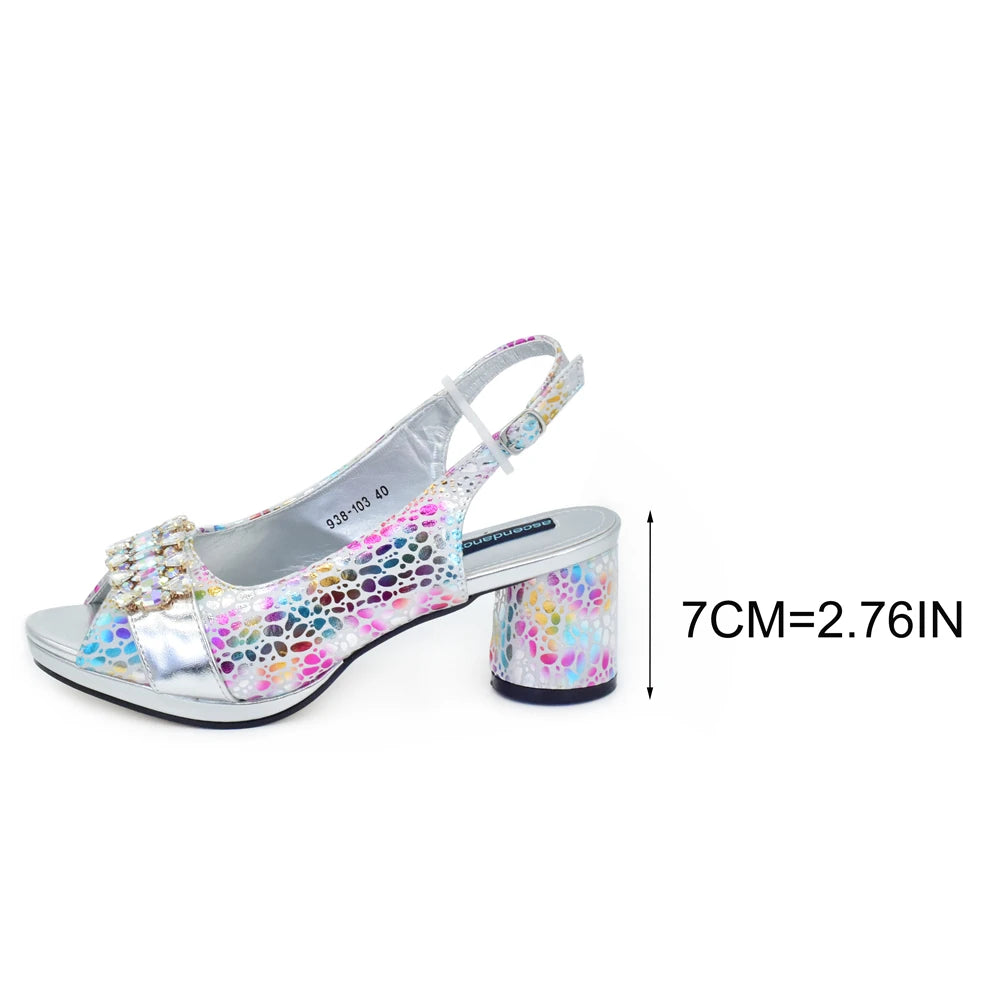 Rhinestone Design INS African Shoes and Bag Set in Silver Color Open Toe Comfortable Women Heels