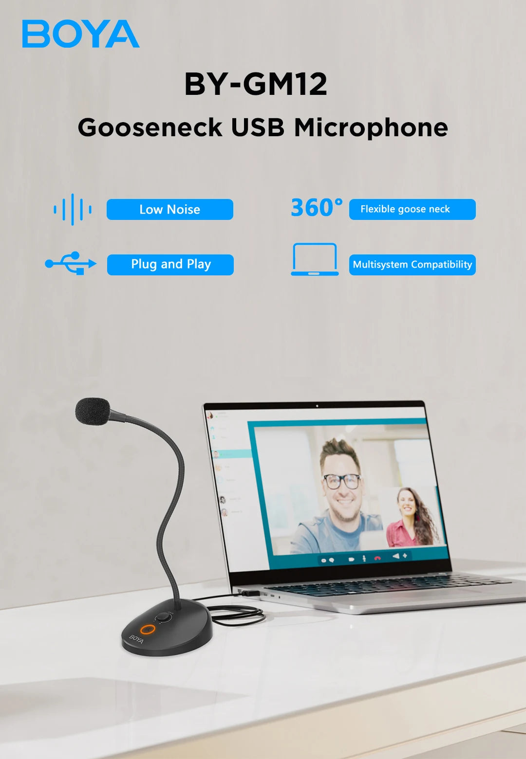 BY-GM12 Desktop Gooseneck Computer Microphone with Base LED Indicator for Meetings Video Conferences Streaming Lectures