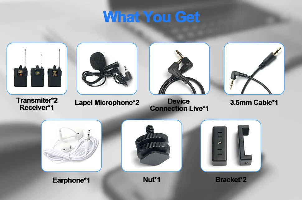 Wireless Lavalier Microphone System with Dual Transmitters for Smartphones Cameras and Live Streaming