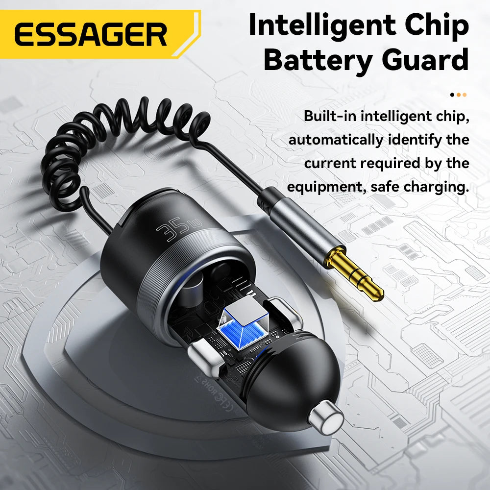 Bluetooth 5.3 Car Charger AUX Adapter PD 35W QC 30W Fast Charging USB C + USB with 3.5mm Audio