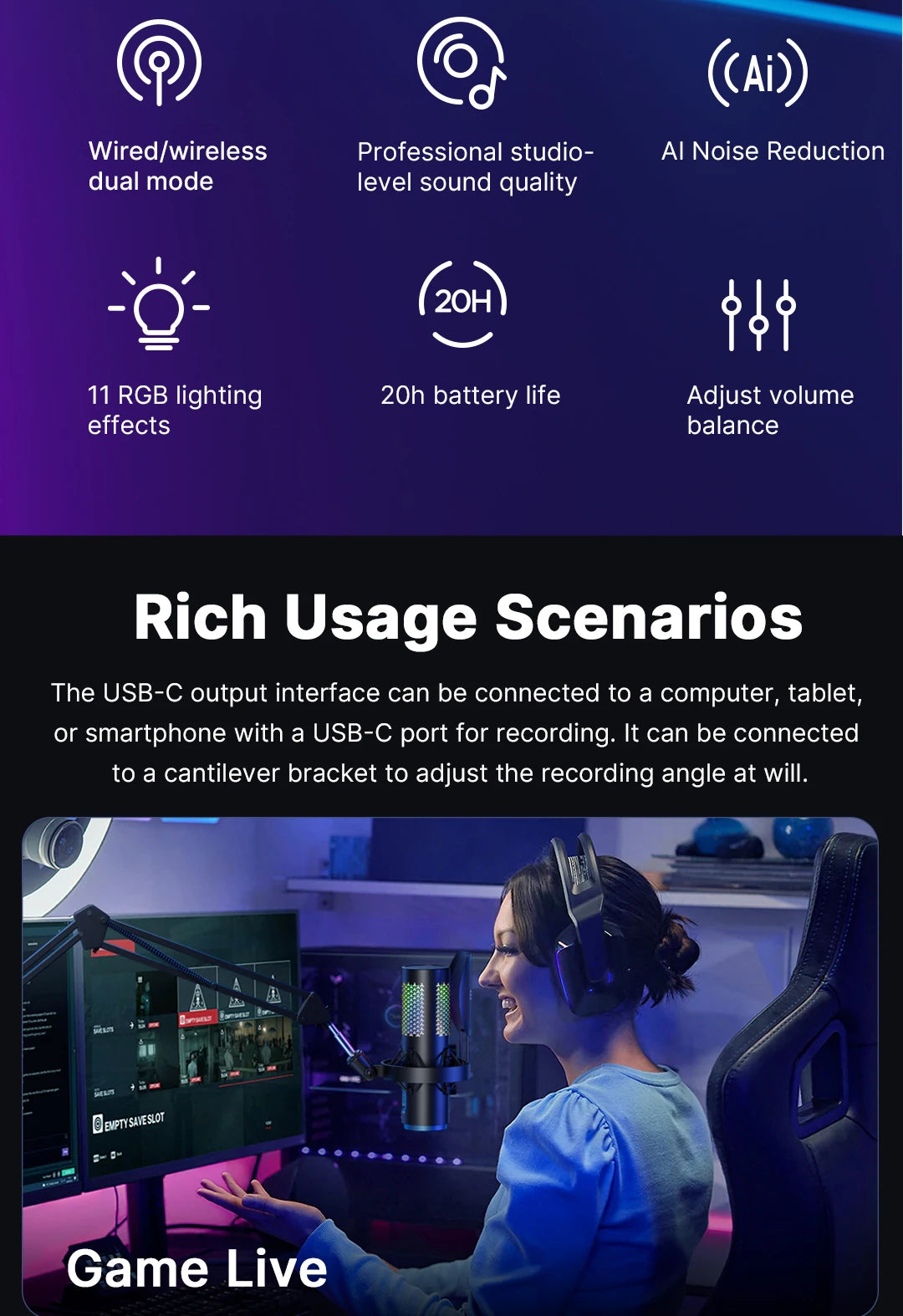 K5 USB Microphone for Gaming Live Streaming on PC Mac,Headphone Jack/Touch-Mute Button/RGB/AI Noise Reduction/Gain Control