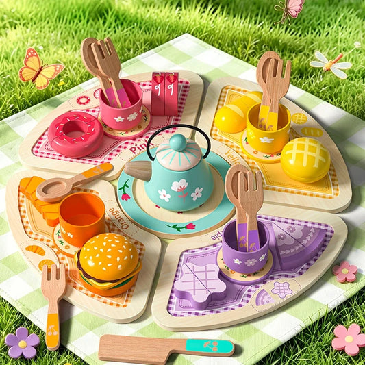 Wooden Tea Set Pretend Play Toy with Teapot and Teacups