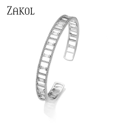 Green Rectangle Hollow Cubic Zirconia Cuff Bangles Bracelet