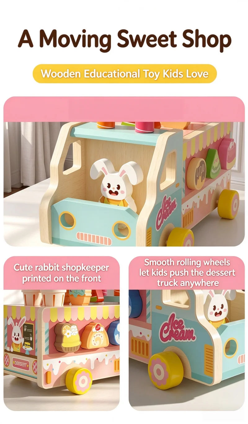 Wooden Rabbit Ice Cream Truck Shape Sorter and Pretend Play Toy