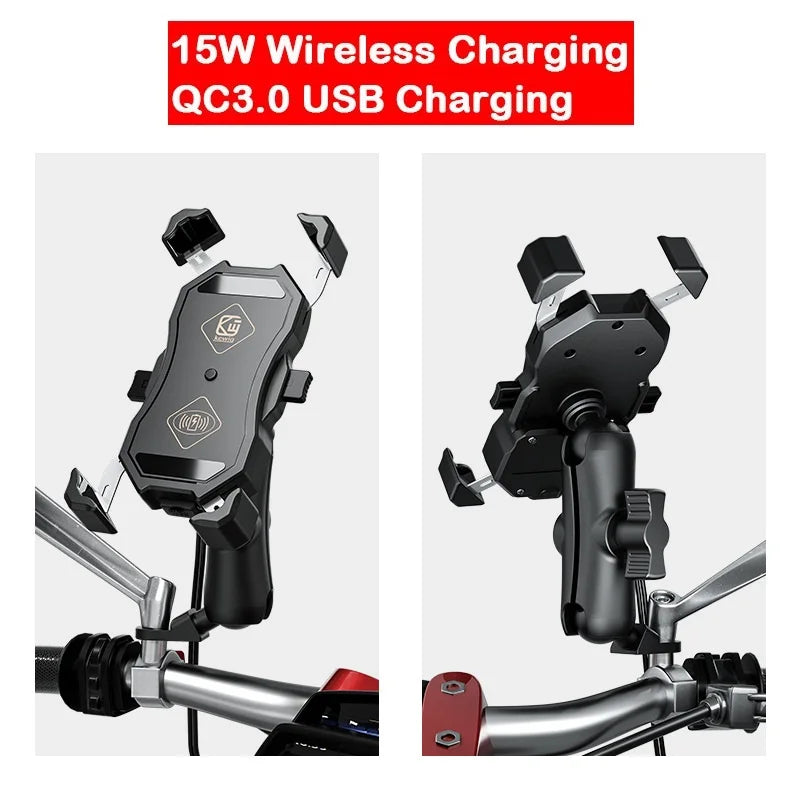Motorcycle Fork Stem Wireless Charger 15W Qi/USB Quick Charge Phone Holder Handlebar Mirror Mount with 1" Ball for 3.5"-6.8"
