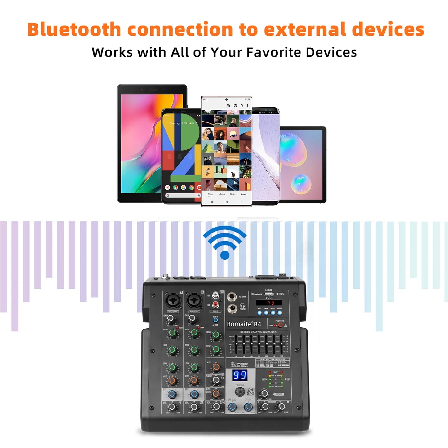 4 Channels Audio Mixer Depusheng B4 Sound Table Professional DJ Mixing Console Built in 99 DSP Digital Effects 48V Phantom Power