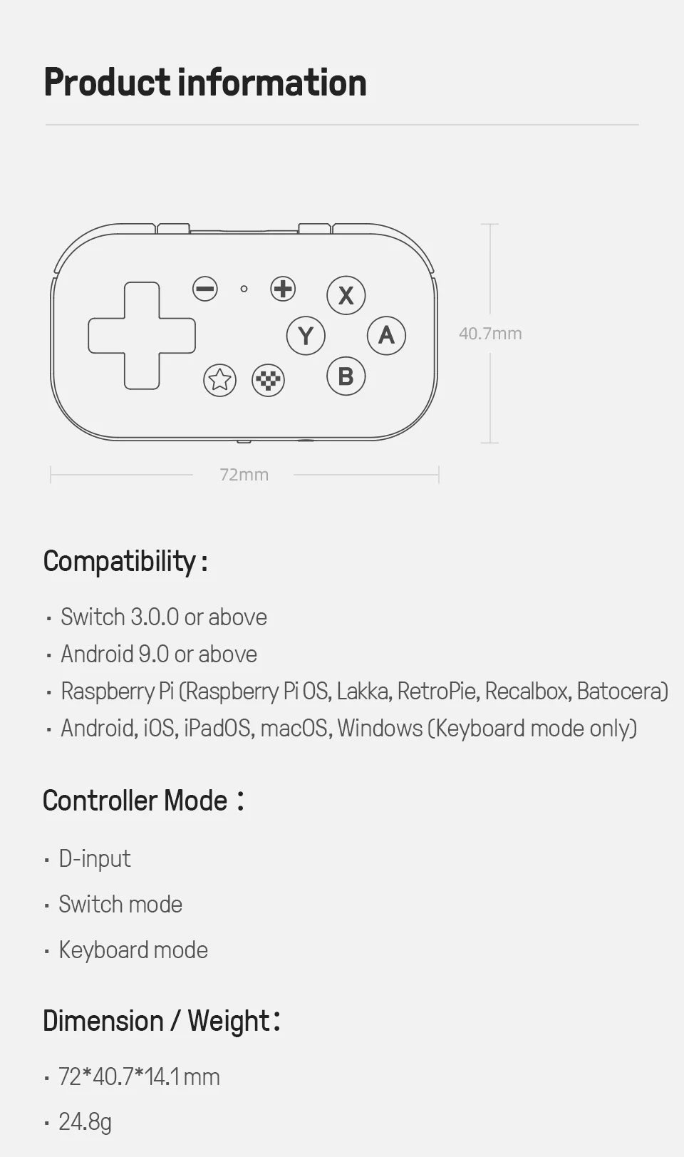 Mini Bluetooth Gaming Controller with Keyboard Mode for Nintendo Switch and Android