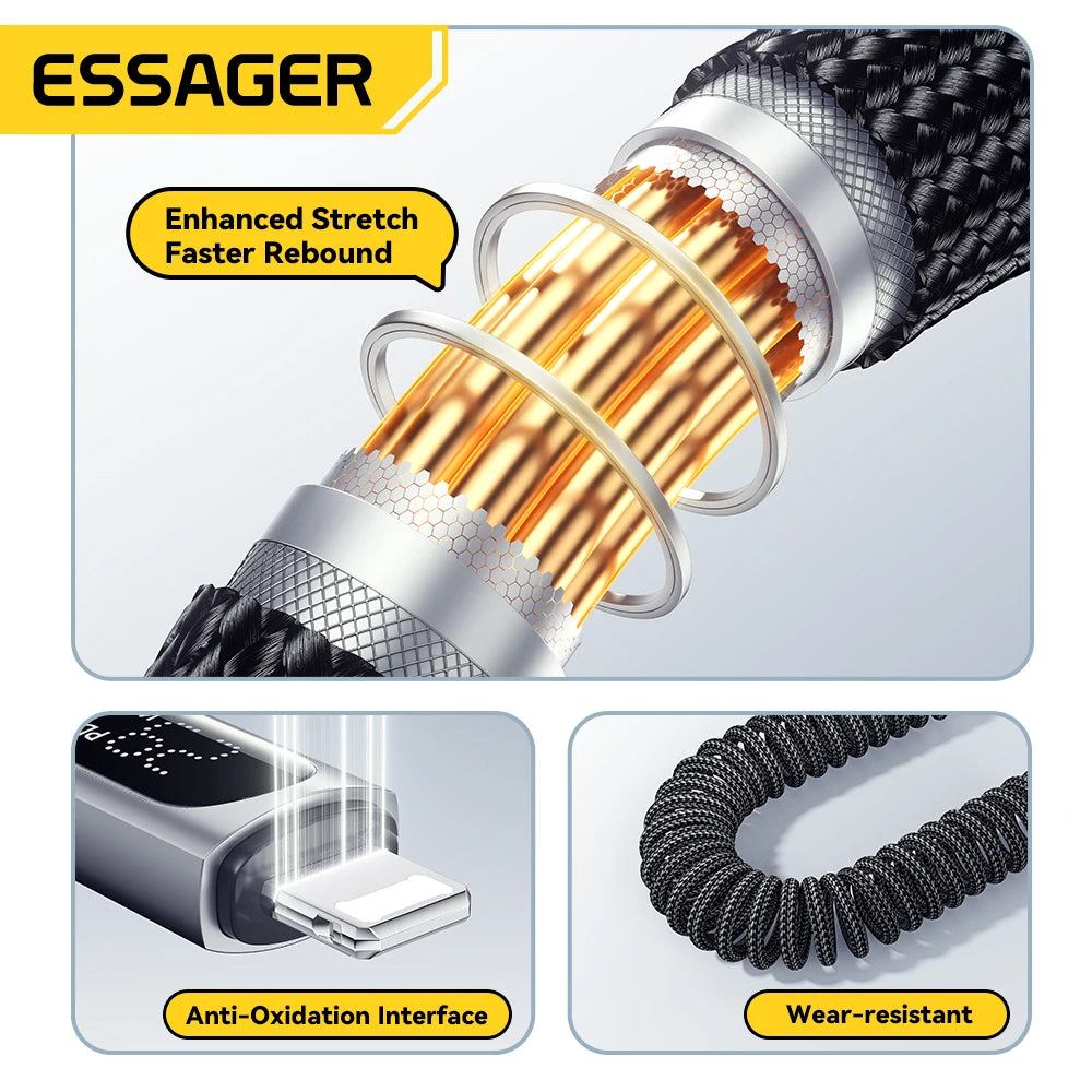 Car Spring USB-C to Lightning Fast Charging Cable with Digital Display