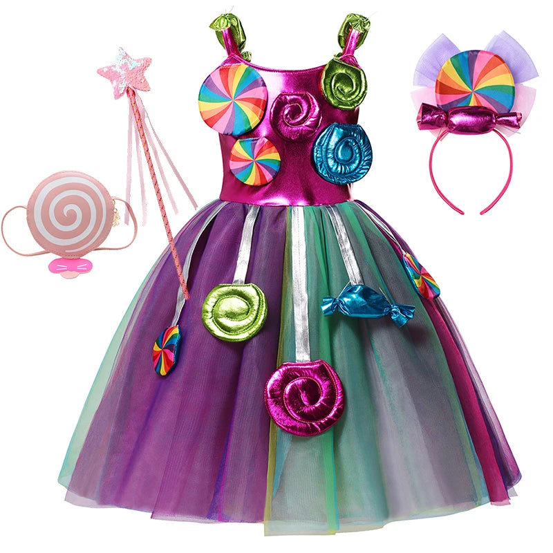 Purim Festival Lollipop Costume Girls Fairy Dress Fancy Carnival Birthday Fantasy Children Candy Rainbow Vestido Dress for Girls