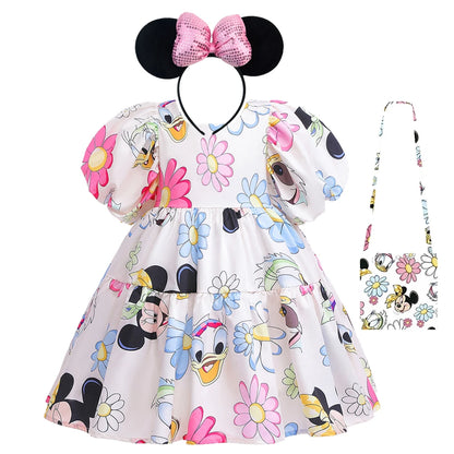 Mickey Mouse Daisy Cartoon Puff Sleeve Clothes Summer Baby Girl Casual Dress Girls Backless Cute Princess Dresses