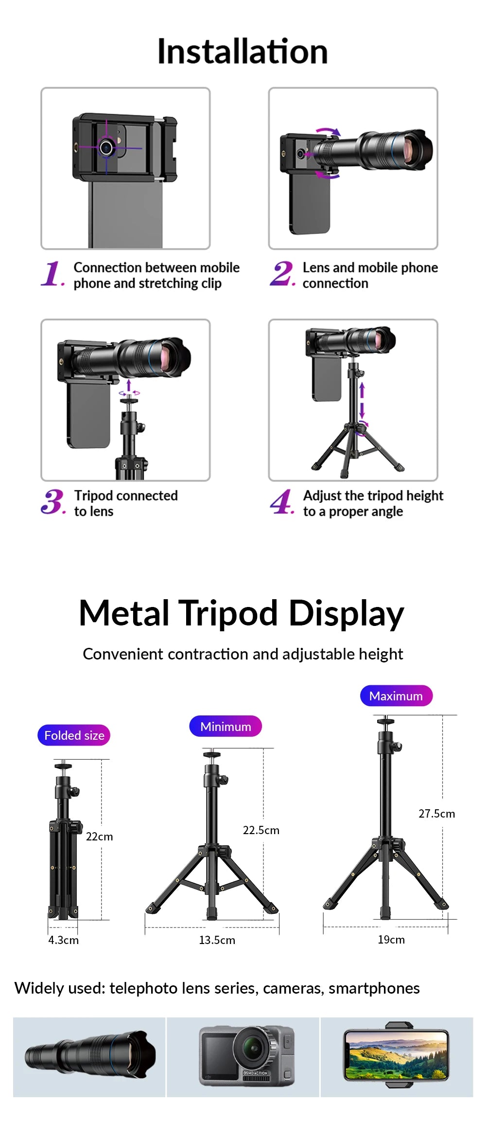 36X Smartphone Telephoto Lens with Tripod and Universal Clip