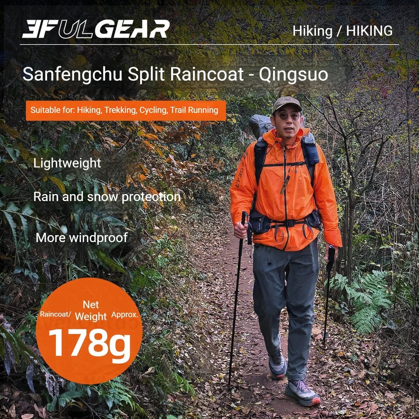 Lightweight Waterproof Hiking Rain Jacket and Pants Set with Hood