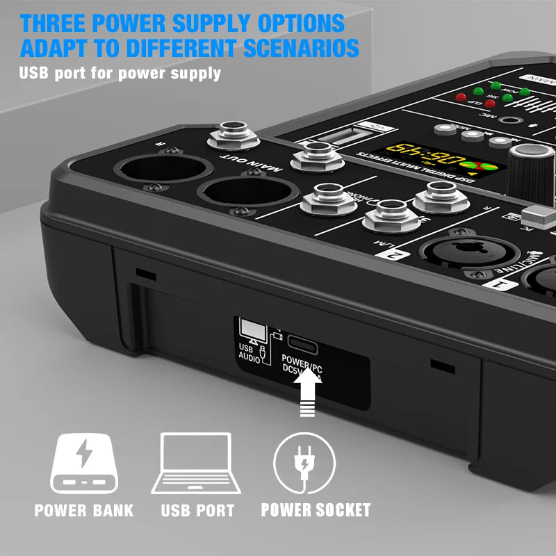 4-Channel Mixing Console Bluetooth Audio Mixer 48V Professional USB Computer Karaoke