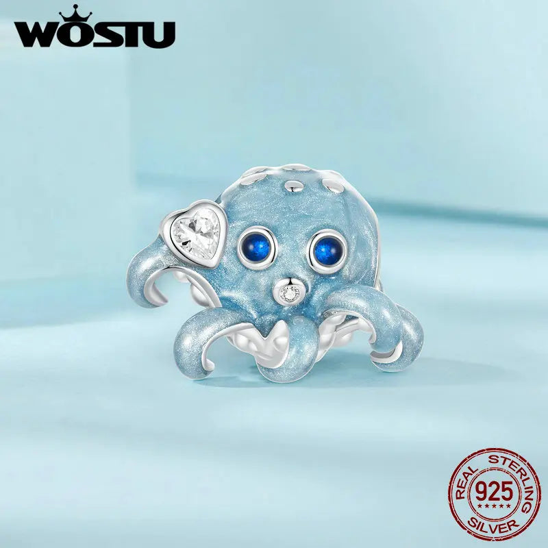 925 Sterling Silver Blue Octopus Charms Bead Drop Oil Ocean Animal Pendant