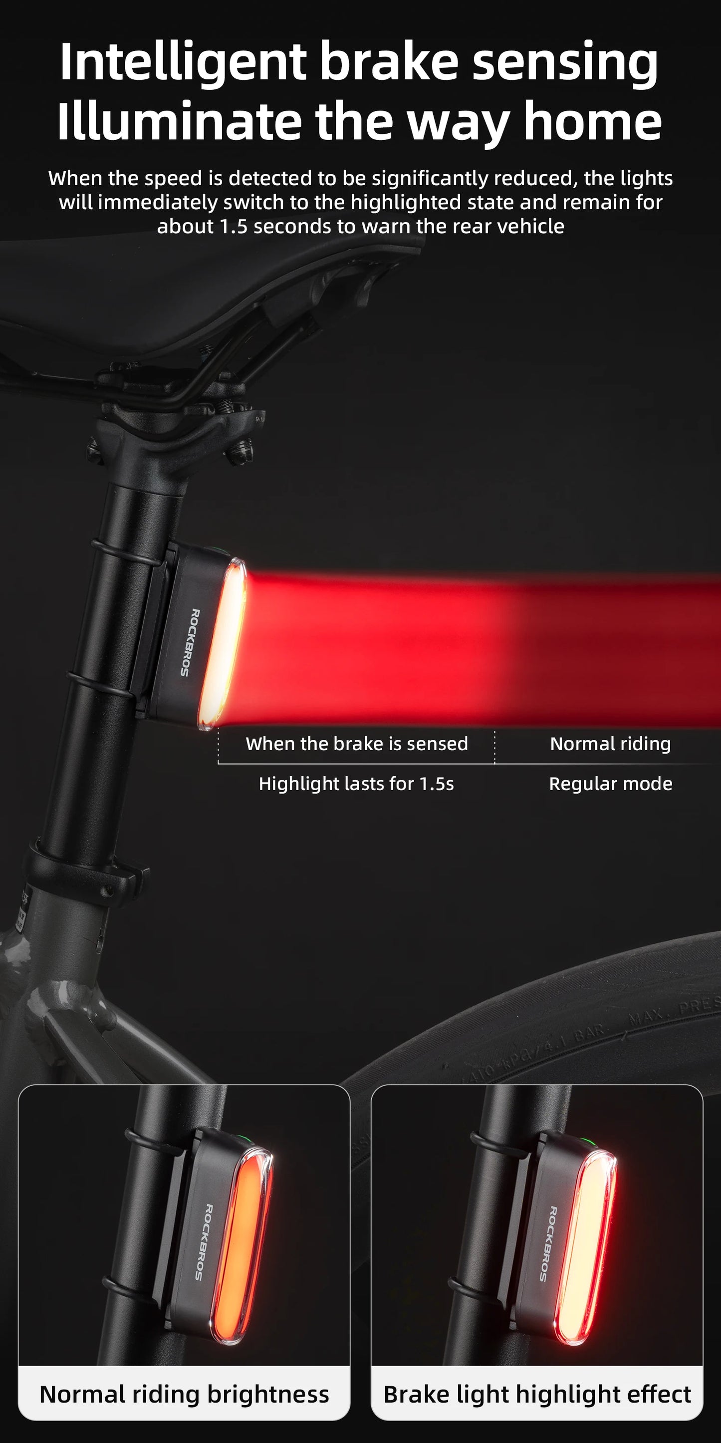 Bicycle Taillight  Install 400mAH Type-C IPX6 Waterproof  Smart Brake Sensing Rear Light MTB Road Cycling Light