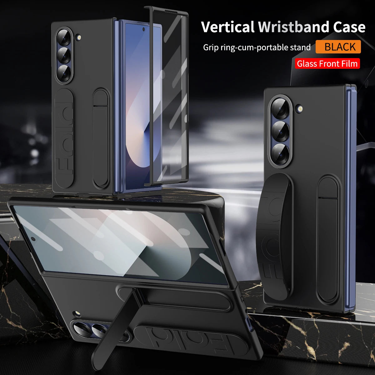 Wristband Foldable Stand Funda for Samsung Galaxy Z Fold 6 4 5 3 Fold5 5G Case Front Glass Lens Protection PC Plastic Cover Capa